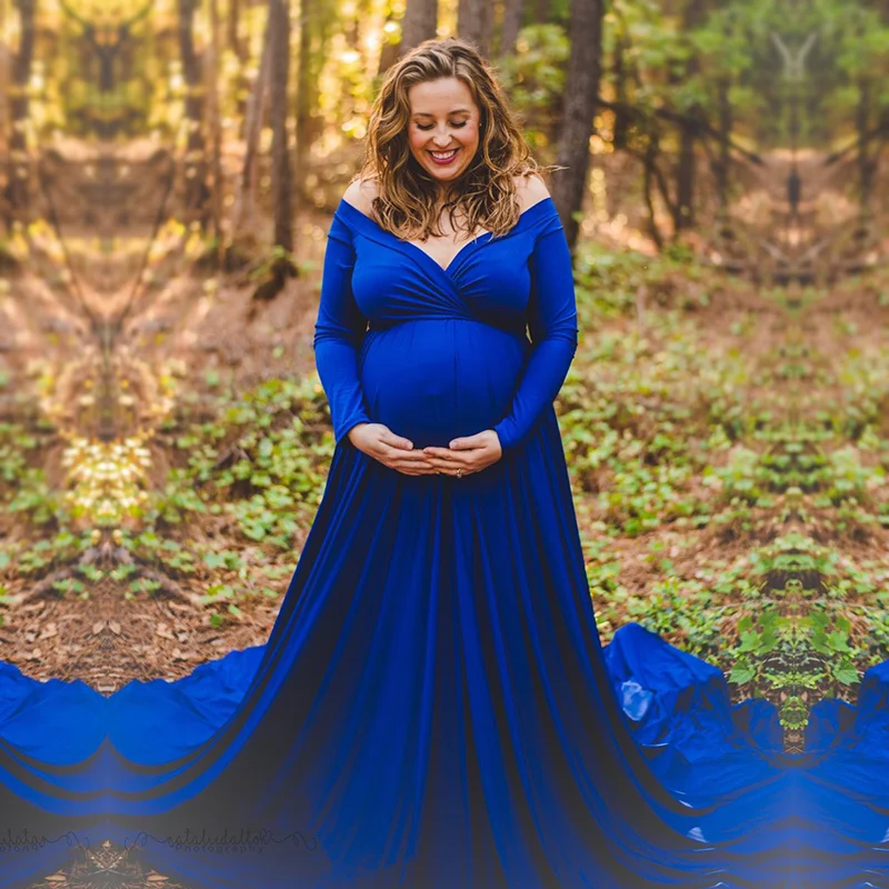 Maternity Dress Cold Shoulder Bell Sleeves Photo Prop Mermaid Gown with Long Train for Pregnant Photography 