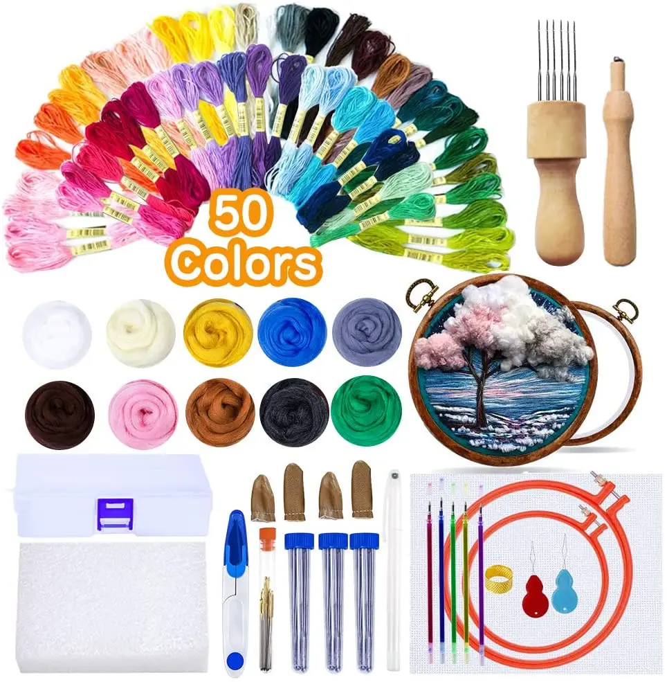 

Imzay 3D Wool Embroidery Kit Needle Felting Kit With Felting Supplies And Embroidery Sets Wool Roving For Embroidered Painting