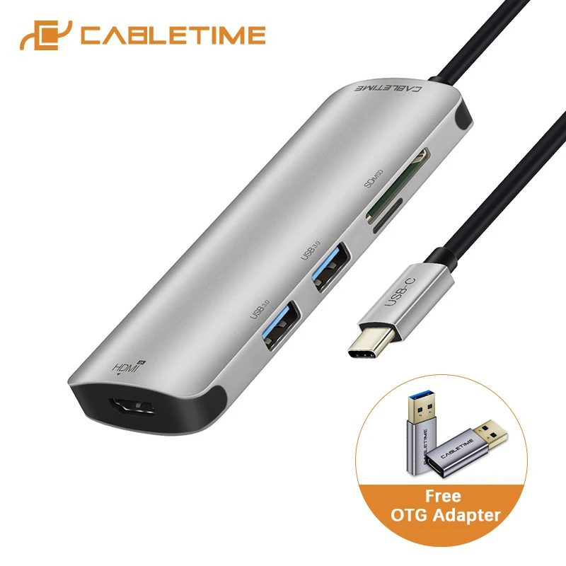 

CABLETIME USB C HUB Type C to USB 3.0 HDMI 4K TF SD Card Reader 6 in 1 USB-C Charger For laptop PC Matebook MacBook Pro C040