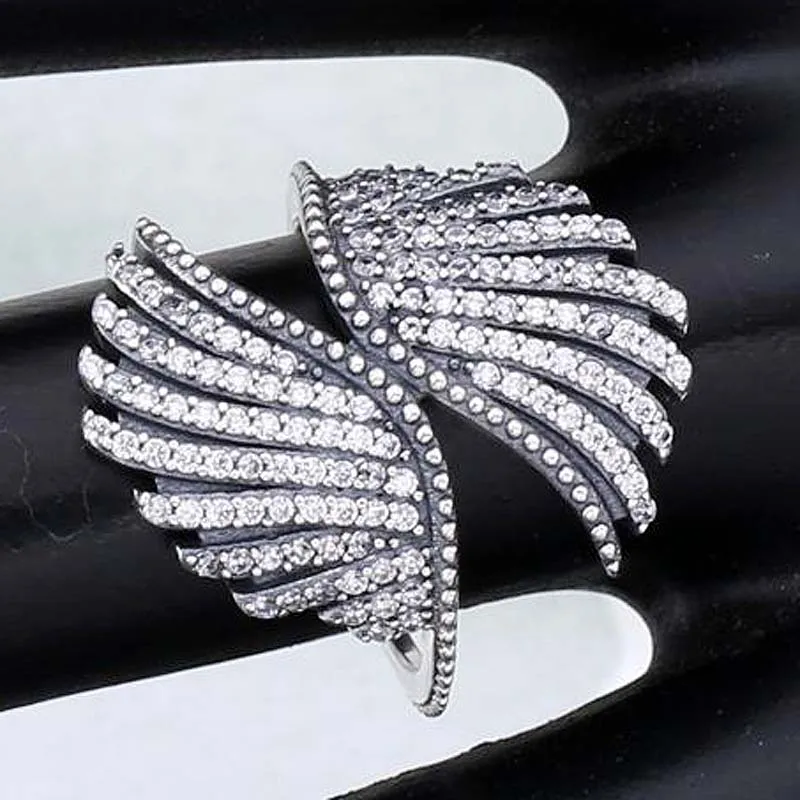 

Original Vintage Majestic Feathers With Crystal Ring For Women 925 Sterling Silver Ring Wedding Party Gift Fine Jewelry