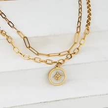 

Fashionable New Starburst Titanium Steel Necklace Simple Double Chain Round Pendant Jewelry