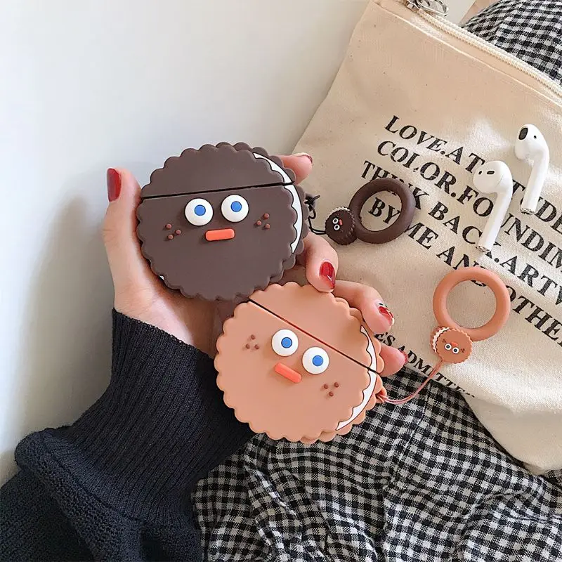 

Round Biscuit Pattern Protective Cover Shockproof Soft Silicone Case Skin with Lanyard for Airpods 1/2 Charging Box Accessories