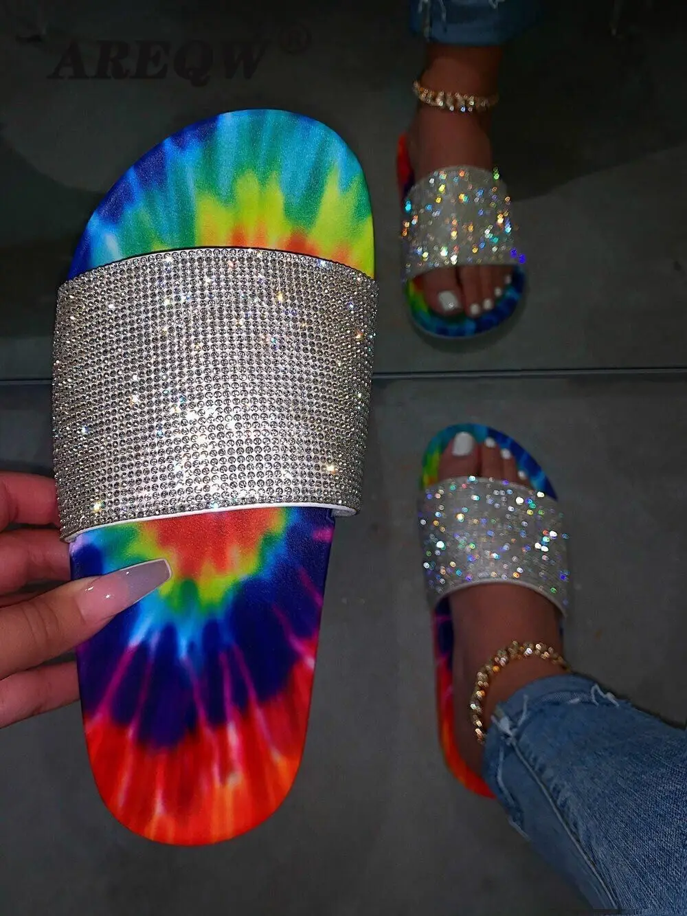

Factory Direct Send Free 2020 Spring Comfortable Wild Plus Size Lady Starry Sky Flat Rhinestones Wild Slippers