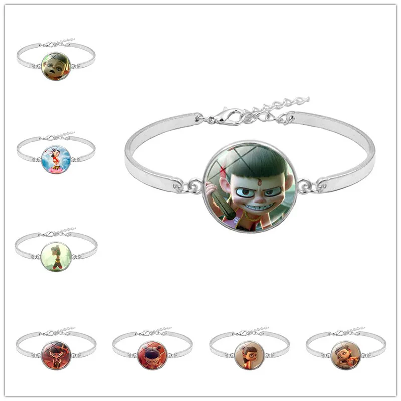 

New Chinese Myth Nezha Charm Glass Round Silver Bracelet Movie Gift Unisex Chain Link Jewelry