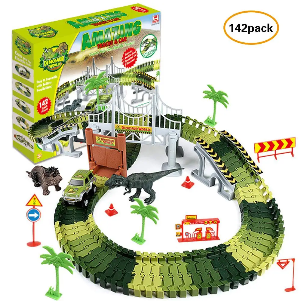 

Dinosaur Toys Car Track Set 142 Pieces Flexible Tracks Toy Set And 2 Dinosaur Toys World Car Track Set Spliced Rail Dinosaur Car