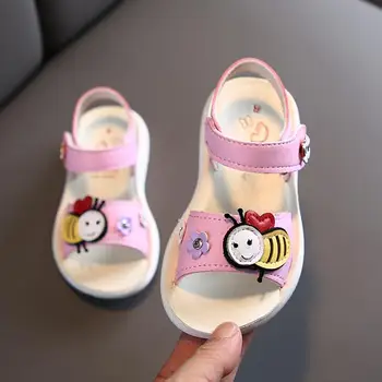 

New Girls Sandals Cartoon Bee Soft Leather Toddler Beach Sandals For Girls Boys Children Princess Dress Sandals Brand Shoes