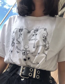 

sunfiz HJN Skeleton T-Shirt Tumblr Grunge Aesthetic White Tee Hipster Art Hoe Shirt