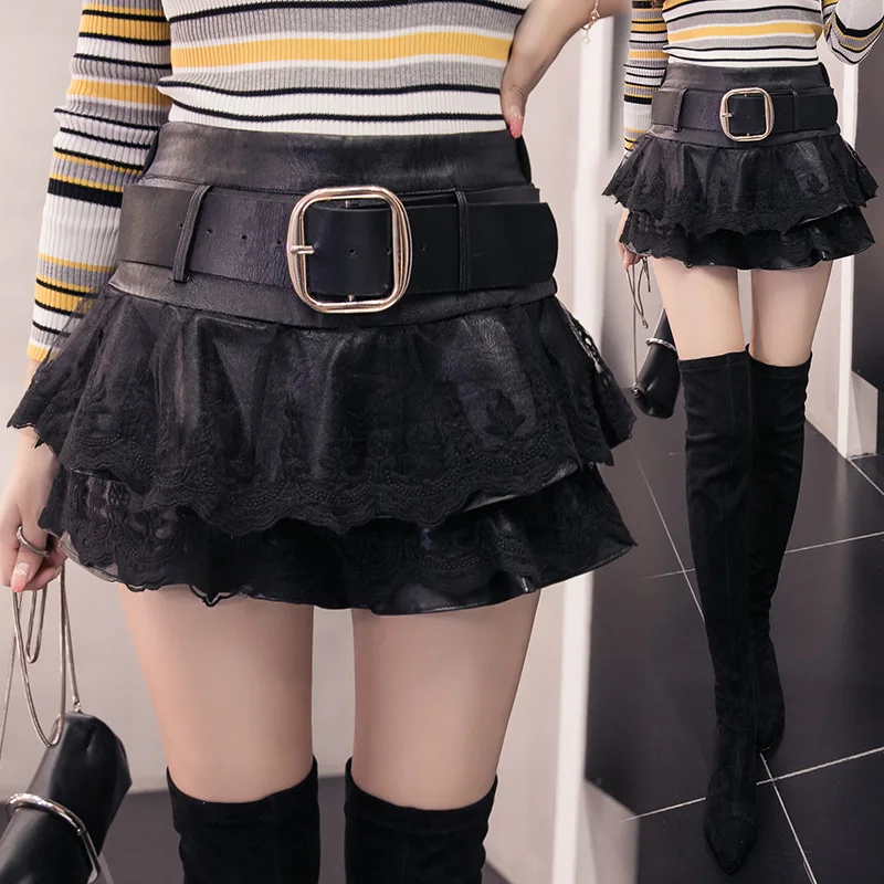 

Short Short-height WOMEN'S Dress Autumn And Winter New Style Korean-style Lace Joint Tutu Slimming Pleated Skirt Leather Short S