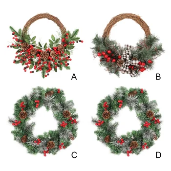 

New Pine Needle Garland Pine Cone Red Fruit Holiday Wreath Door Hanging Christmas Decoration