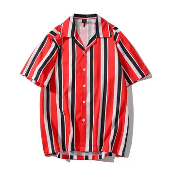 

#3892 Mens Vertical Stripe Shirt Loose Summer 2020 Lapel Collar Casual Men Shirt Short Sleeve Streetwear Hip Hop Shirt For Men