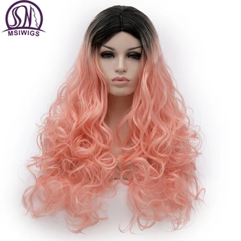 

MSIWIGS Women's Cosplay Wig Ombre Color Middle Part Two Tone Black Mixed Orange Blonde Wavy Fake Hair Synthetic Wig