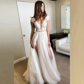 

Charming A Line Short Sleeves Bride Wedding Dresses Lace Applique Plunge V Neckline Wedding Gowns for Bride Backless Side Split