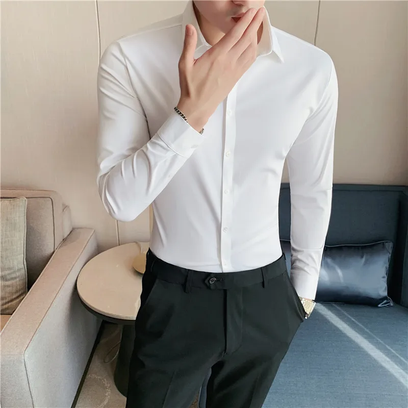 High Elasticity Seamless Men's Long Sleeve Slim Casual Shirt Solid Color Business Formal Dress Shirts Social Party Blouse cotton shirt long sleeve shirt men casual shirt
