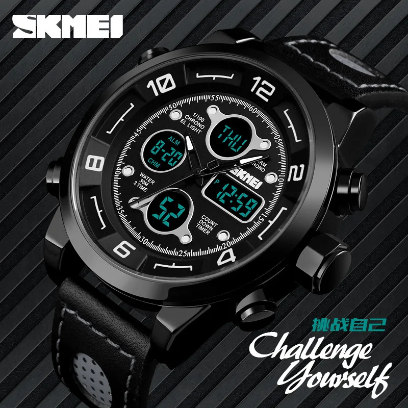 

Hot Selling Skmei Genuine Product Three Time Countdown Hourly Chiming MEN'S Leather Belt Sports Waterproof Electronic Watch