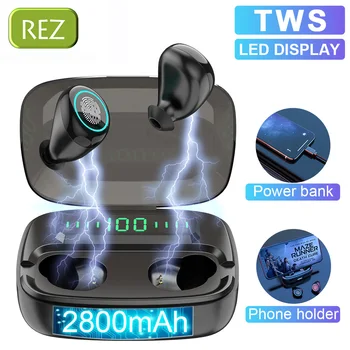 

REZ W5 TWS Wireless Bluetooth 5.0 Earphones Stereo Bass Headset LED Phone HolderHeadphone In-ear Earbuds 2800mAh Power Bank