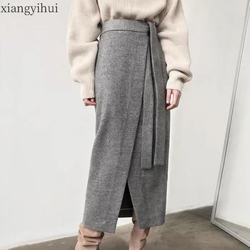

Solid Vintage Grey Khaki Suede Long Skirt Women Autumn Winter Casual Wrap Skirt Lace-up Split Hem Elegant Pencil Skirt Female