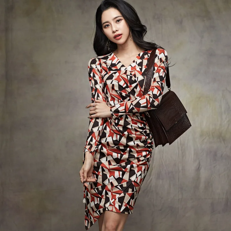 

2019 Autumn Clothing New Products Korean-style Elegant V-neck Printed Slim Fit Slimming Irregular Sheath Short Skirt Dress Women
