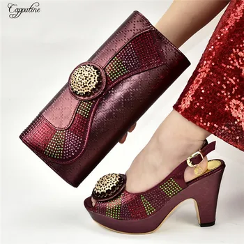 

New arrival wine African high heel shoes and purse handbag set nice sandals with bag 9310-1 heel height 10.5cm