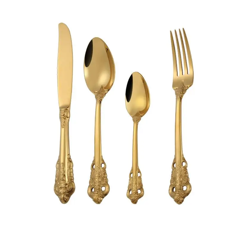 gold 4 piece set Нержавеющая сталь комплект столовых приборов для ресторана Портативный стейк Ножи Ложка Вилка для обеда столовые приборы нож посуда набор Talheres - Цвет: gold 4 piece set