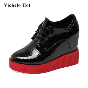 

Vichelo Hot sports style new split leather gingham wedges sneaker round toe lace up increasing concise soft vulcanized shoes L08