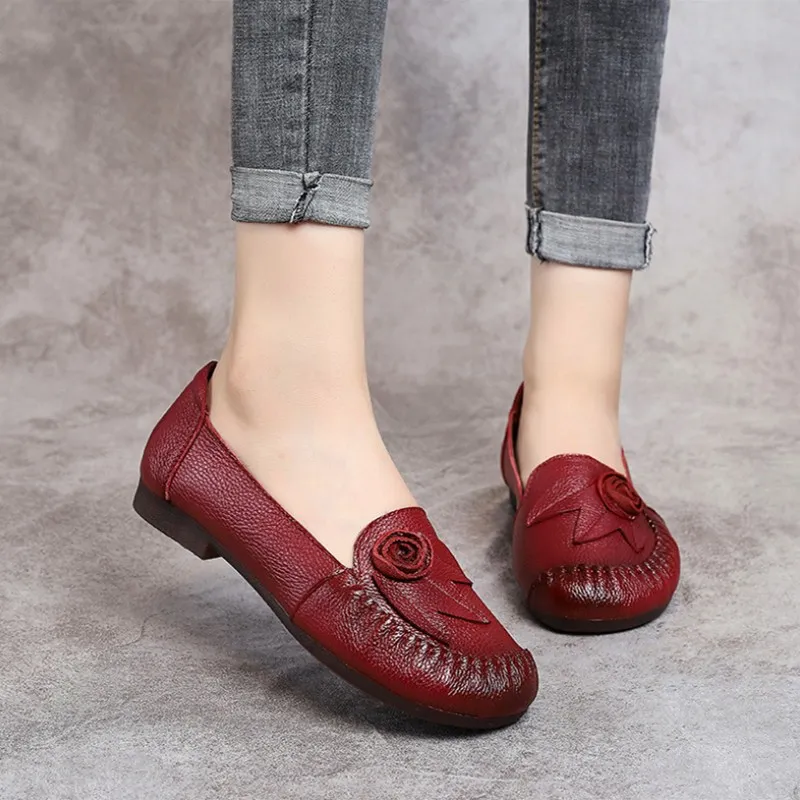 Новые осенние кожаные женские туфли на низком каблуке повседневные женские туфли с круглым закрытым носком и цветочным принтом тонкие туфли для среднего возраста - Цвет: Красный