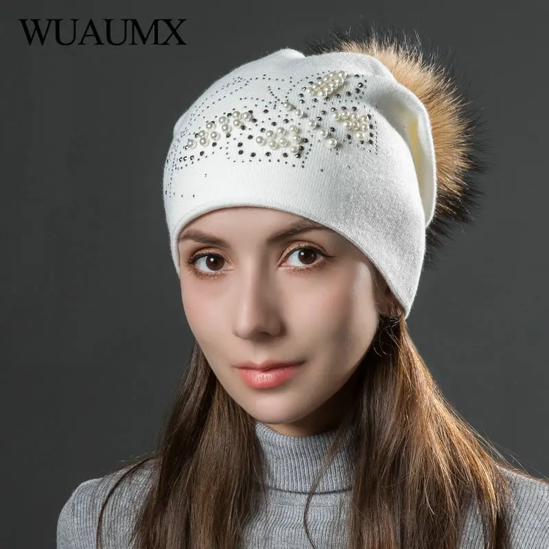 Wuaumx брендовые зимние шерстяные шапочки, шапки для женщин, теплая вязаная шапка, женская шапка с натуральным мехом, помпонами, жемчужные стразы, шапка