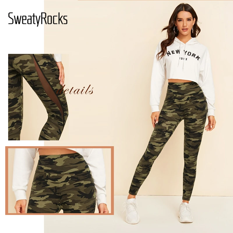 SweatyRocks камуфляжные леггинсы с широкими полосками на талии и сетчатыми вставками, женская одежда для активного отдыха, леггинсы, Повседневная Уличная одежда, легинсы для легкой атлетики