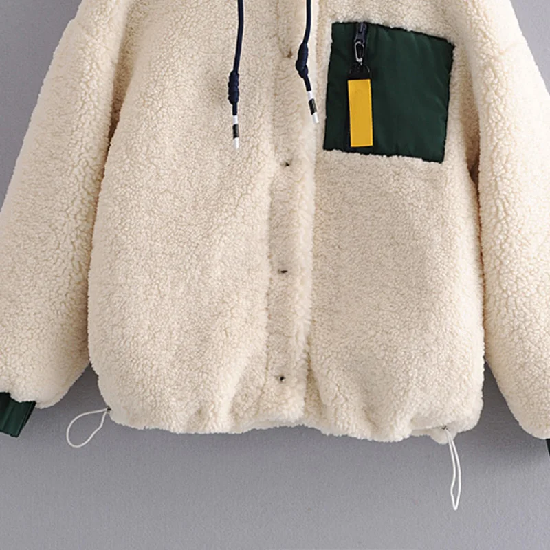 Стильное шикарное лоскутное флисовое женское модное зимнее плотное пальто из овечьей шерсти с капюшоном Повседневная Верхняя одежда с длинными рукавами для девочек