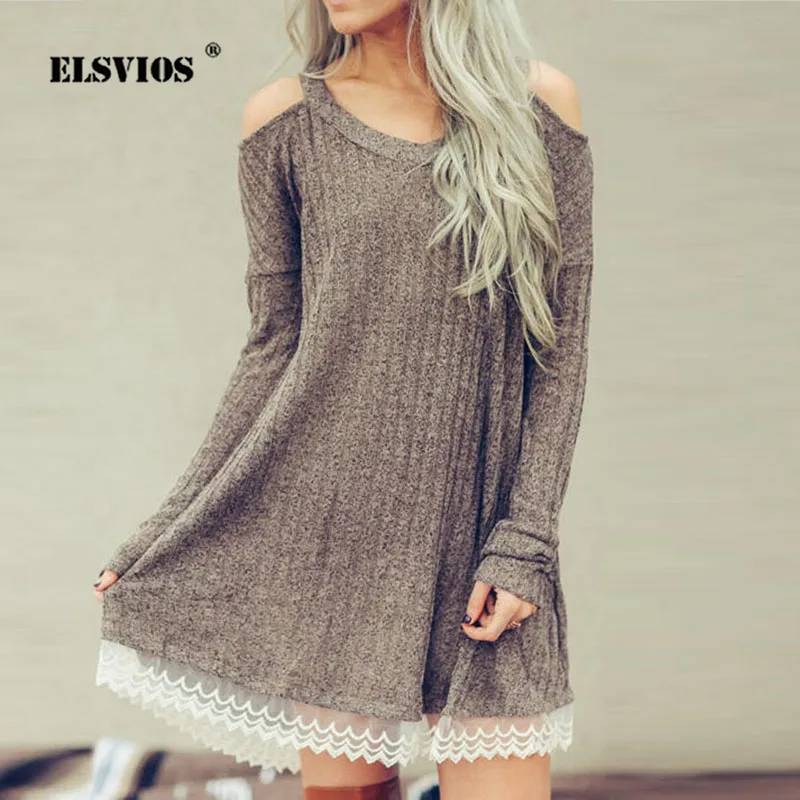 

ELSVIOS Autumn Off Shoulder Lace Patchwork Mini Dress Women Sexy V-neck Long Sleeve Party Dress Femme Plus Size Dresses Vestidos