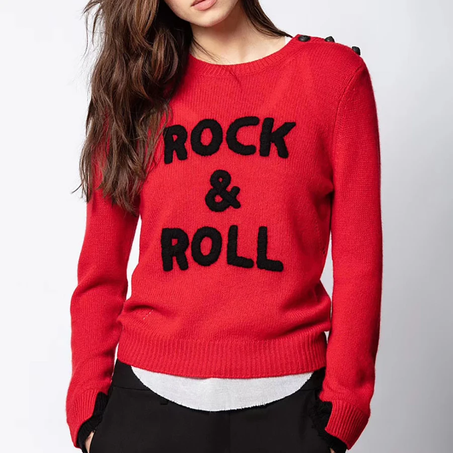 

2019 Autumn Latter Personality Sweater Women Red Black Hit Color Patchwork Shoulder Button Casual Pullover Knitting Sweater