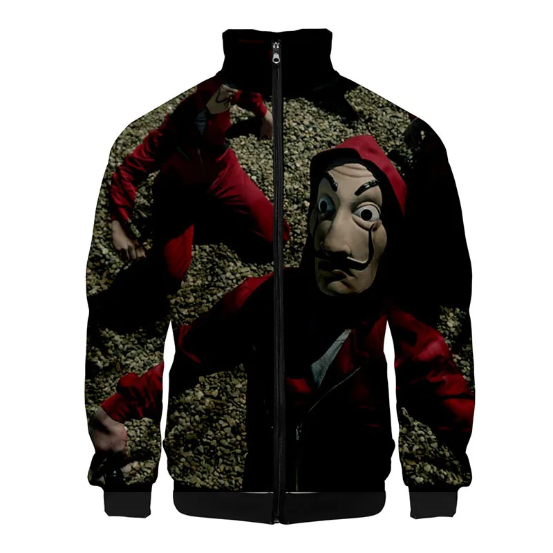 Цена font b Money b font Heist The House of Papel 3d Толстовка с воротником стойкой для мужчин и женщин толстовки на молнии куртки Homme 3D толстовки Топ