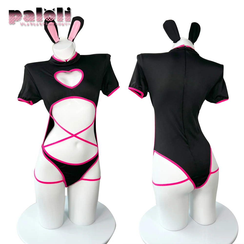 Paloli Sexy Women Bodysuit Heart-Shaped Hollow Design Black And Pink Bunny Cosplay Costumes Tempatation Lingerie Skinny 2021 New