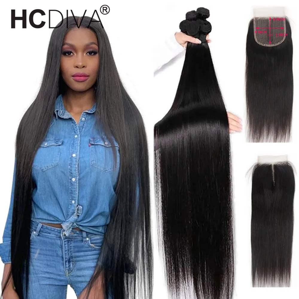 Feixes de Cabelo Humano em Linha Reta com Fechamento Pacotes com Fechamento do Laço Humano com 4x4 Polegada Brasileiro Remy 40 4 3 Cheap Pacotes com 34 com fecho