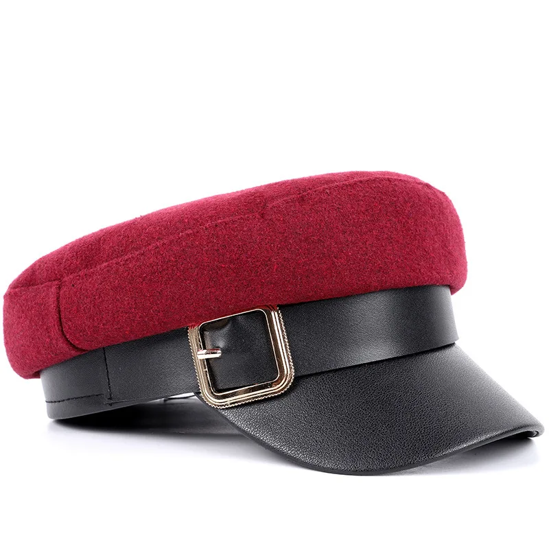 

new flat top military cap female autumn and winter retro belt buckle Bailey hat leather hat cap stitching