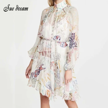 

Printed Chiffon Dress Women's Fashion Lantern Sleeve Slim Belt Mini Dress Letter Design Spring and Autumn New 2020