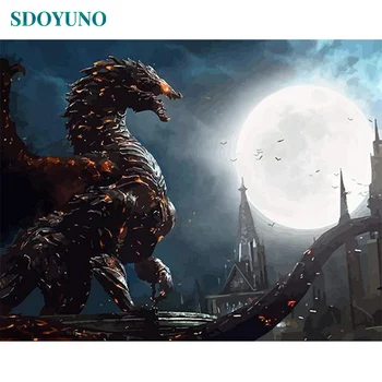 

SDOYUNO 60x75cm Oil Painting By Numbers DIY Drawing by numbers Dragon and moon Frameless Digital Painting On Canvas