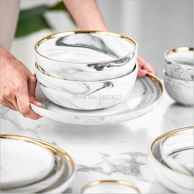 Ensemble de vaisselle en porcelaine blanche avec bordure dorée, QuePlate en  céramique, bols de cuisine d