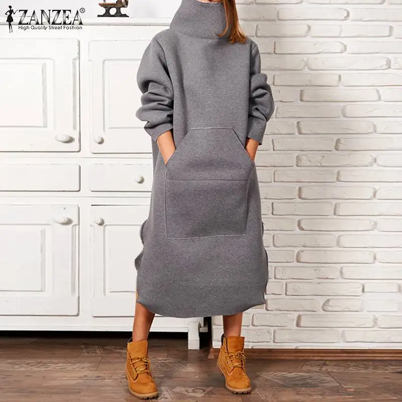 

ZANZEA Women Turtleneck Dress Casual Baggy Robe Femme Autumn Winter Midi Dresses Solid Pullover Vestidos Side Pockets Dresses