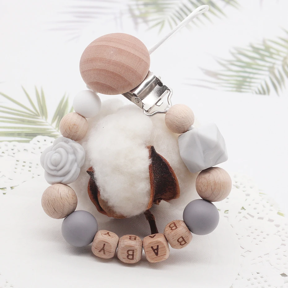 

Customized Name Baby Pacifier Clamp Silica Flower Pacifier Chain Silica Bead Baby Tooth Chain Kindergarten Toy Shower Gift