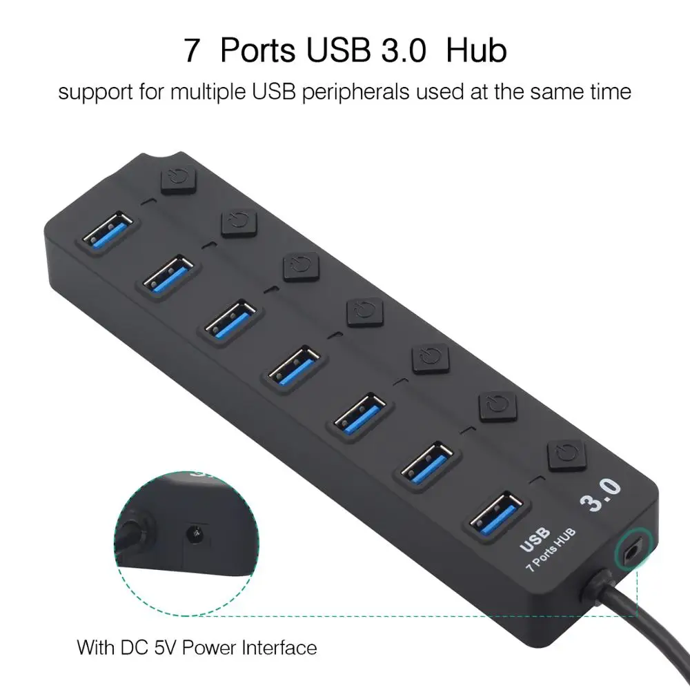 USB 3,0 высокая Скорость концентратор 4/7 Порты и разъёмы USB 3,0 Hub разветвитель на/выключения с US/EU Мощность адаптер для ноутбука MacBook для ПК