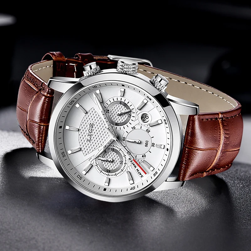 

LIGE Mens Watches Gift Top Luxury Brand Waterproof Sport Watch Chronograph Quartz Military Genuine Leather Relogio Masculino