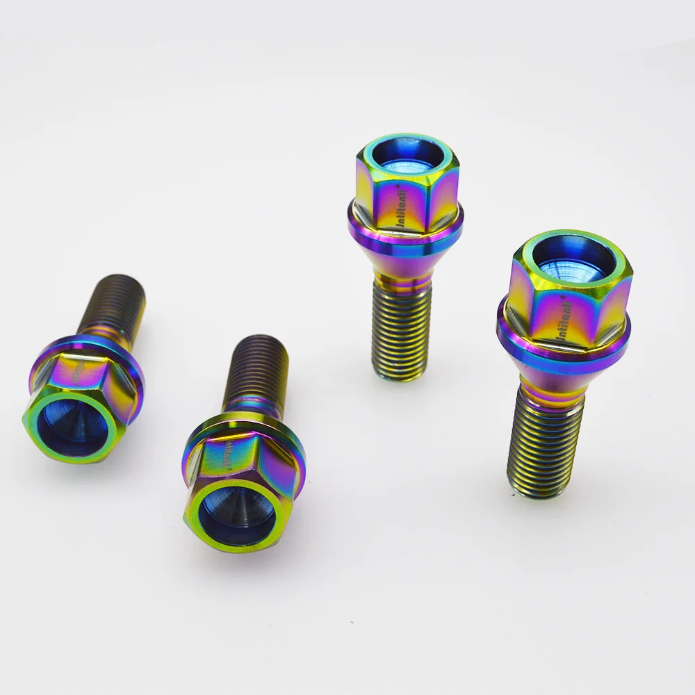 

High performance rainbow color 60 degree cone seat Gr.5 titanium lug bolts M12*1.5*28mm
