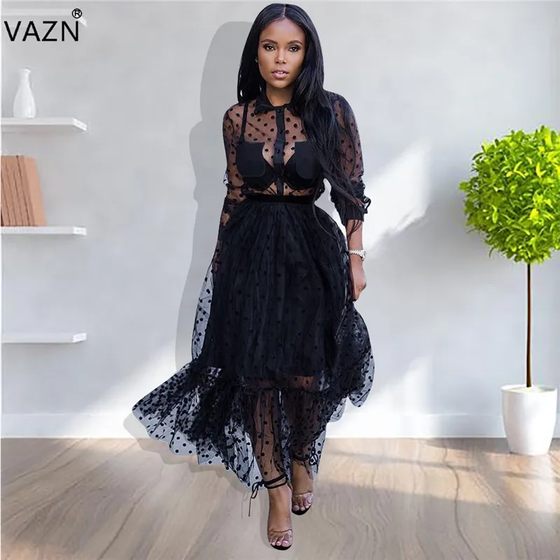

VAZN NK032 Untidy Open Sexy Holiday Young Lace See Through Peter Pan Collar Full Sleeve Women Elastic Braid Chiffon Maxi Dress