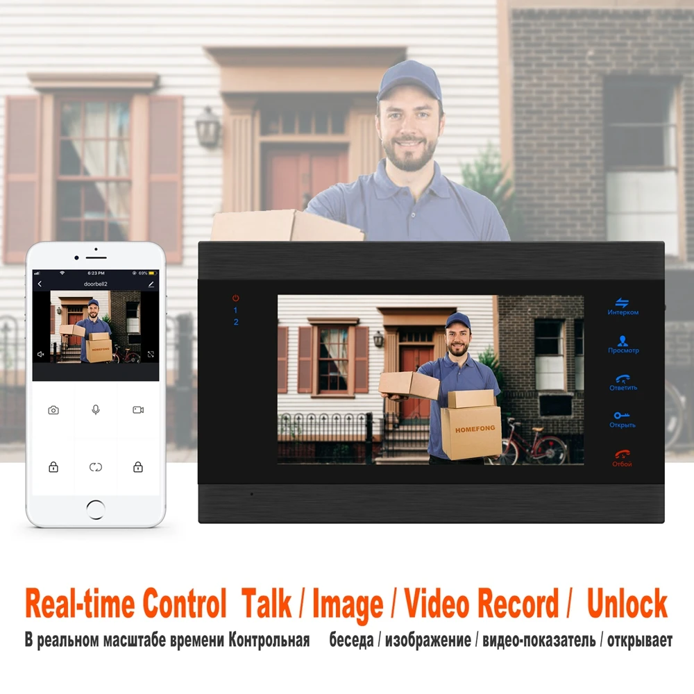 Tanie HomeFong 7 cal Wifi wideodomofon do domu bezprzewodowy wideodomofon 1200TVL otrzymać telefon zwrotny od panelu wsparcie dla zamków elektrycznych na zewnątrz kamery
