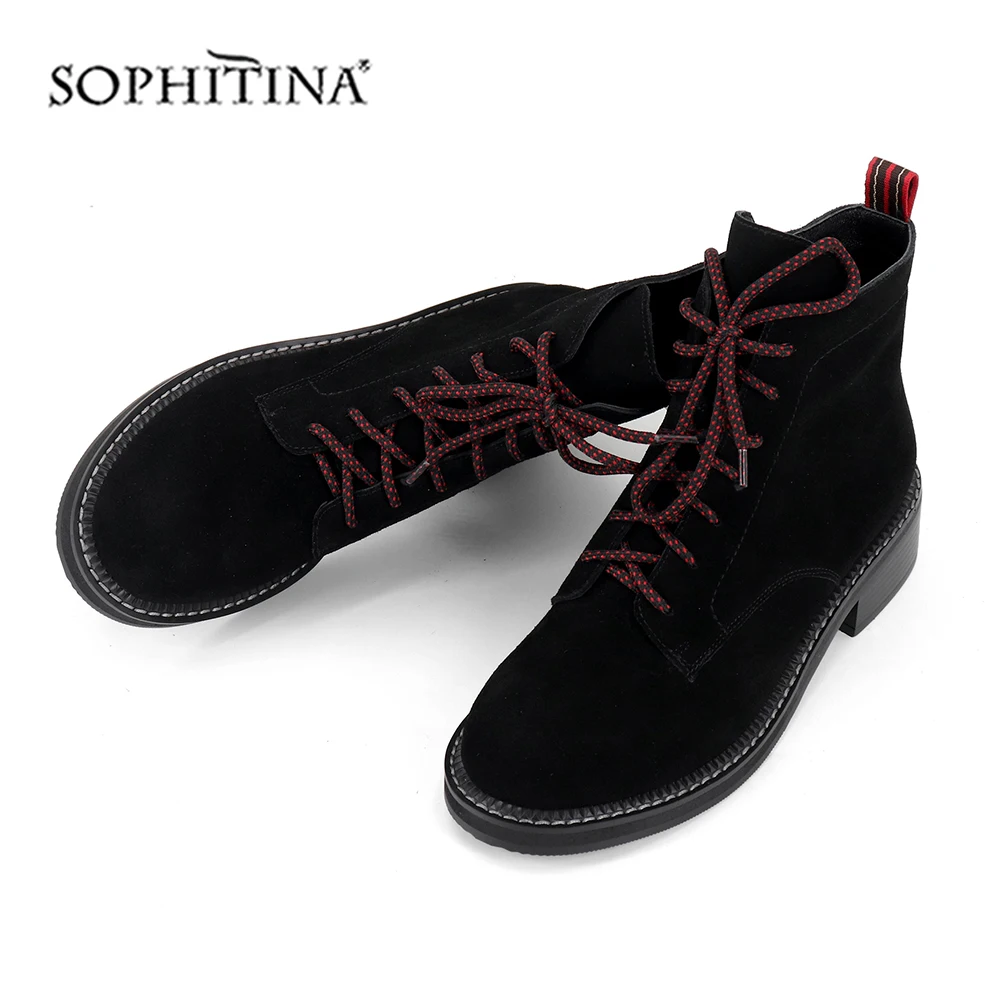 SOPHITINA/удобные ботинки с круглым носком; модная обувь на квадратном каблуке со шнуровкой; дизайн; Женские однотонные ботильоны; SC419