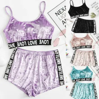 

Summer Women Sexy Pajamas Velvet Pijamas Sleepwear Deep V Sling Lingerie Set