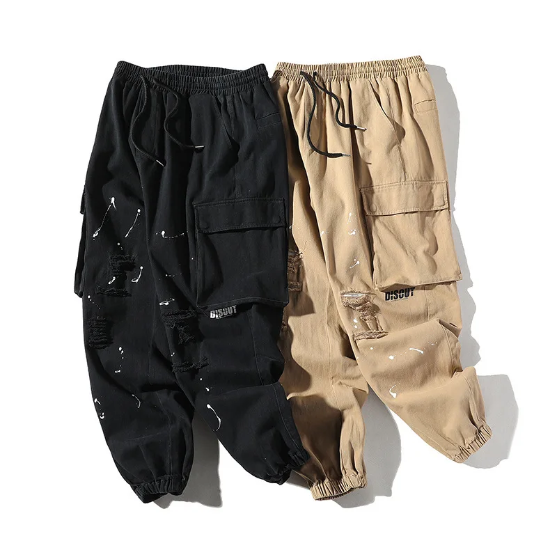 

2019 New Style Autumn And Winter Japanese-style Popular Brand Bib Overall Men Ink with Holes Casual Pants Loose Beam Leg Harem P