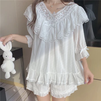 

summer pajamas set women home suit ruffles lace embroidery flowers sleepwear white Top+Shorts pyjamas set Lolita Princess Y040