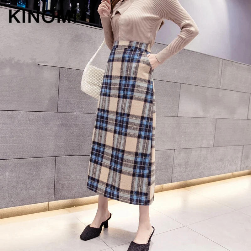 

KINOMI New Autumn Winter Women Vintage Woolen Plaid Long Skirts Straight High Waist Harajuku Tulle A-Line Mid-Calf Skirts Saia