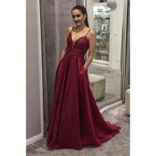 Бургундия Выпускные платья Длинные с карманами Спагетти ремни блёстки линия Пол Длина Формальное вечернее платье vestidos CP350